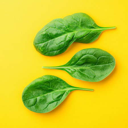 Three Fresh Spinach Leaves Isolated on a Bright Yellow Background Vibrant Green Tonesの素材
