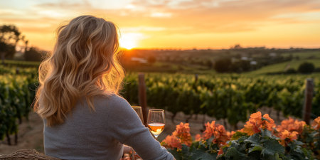 Woman Enjoying Sunset over Scenic Vineyard with Glass of White Wine, Relaxation, Travel...の素材