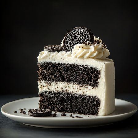 Delicious Chocolate Cake Slice with Cookies and Cream Frosting on White Plate, Dark Backgroundの素材