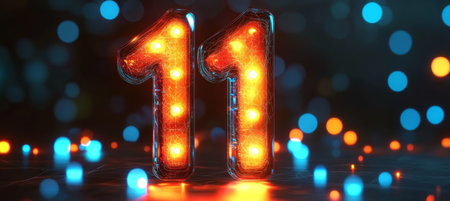 Glowing Orange Neon Number Eleven, 11, on a Dark Background with Blue and Orange Bokehの素材