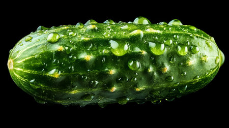 Fresh Green Cucumber With Water Drops, Detailed Macro Shot Isolated On A Black Background.の素材