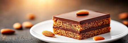 Indulgent Chocolate Cake Slice Topped with Almonds on White Plate A Close-Up View of Sweet Delightの素材