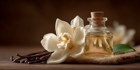Vanilla Essential Oil in Glass Bottle, With Vanilla Pods and Delicate Orchids on Rustic Wooden Tableの素材
