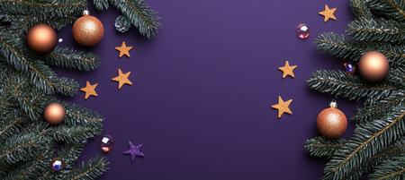 Christmas Banner with Festive Orange Neon Stars and Holographic Balls on Vibrant Magenta Backdropの素材