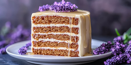 Slice of Lavender Honey Cake with Honey Drizzle, Garnished with Lavender Sprigs on Plateの素材
