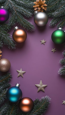 Christmas Background, Fir Branches with Colorful Ornaments on Lavender Backdrop, Copy Spaceの素材