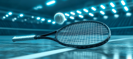 Tennis Racket And Ball On Defocused Tennis Court Background. Copy Space, 3d Illustration.の素材