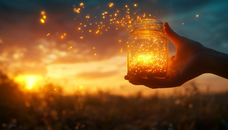 Golden Hour Magic Hand Holding Jar Filled with Sparkling Lights, Summer Sunset Backgroundの素材