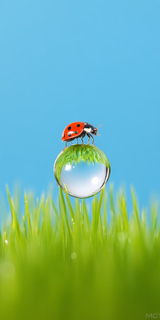 Ladybug on top of dew drop., Green blurry background with copy space. Spring conceptの素材