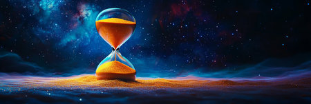 Hourglass With Flowing Orange Sand Against a Vibrant Cosmic Background of Stars and Nebulaeの素材