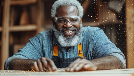 Smiling Carpenter at Workbench, Showcasing Woodworking Expertise and Authentic Craftsmanshipの素材