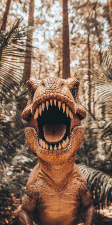 Tyrannosaurus Rex Roaring In Lush Jungle, Prehistoric Beast Mouth Open In Natural Habitatの素材