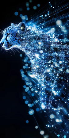 Abstract Holographic Cheetah Gliding Across Digital Technology Network, Conceptual Image, Innovationの素材