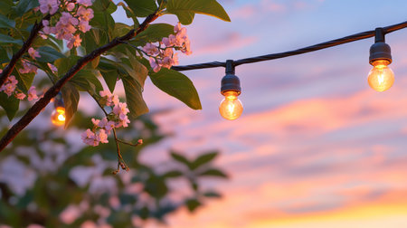 Glowing String Lights and Pink Blossoms on a Tree at Sunset, Outdoor Summertime Ambianceの素材