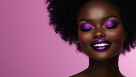 Radiant Black Woman with Bold Plum Lipstick and Shimmering Purple Eyeshadow on Soft Pinkの素材