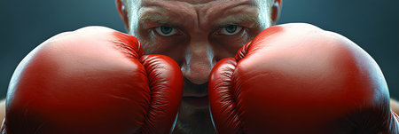 Intense Male Boxer Ready To Spar, Focus and Determination In His Eyes On A Blurred Backgroundの素材