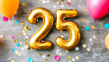 Golden Number 25 Balloons With Festive Balloons And Confetti, Perfect For Birthday Celebrationsの素材