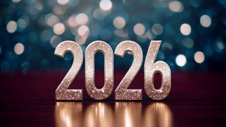 2026 Silver Glitter Text on Festive Defocused Background, New Year Celebration Conceptの素材