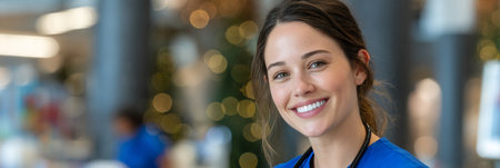 Confident Nurse Smiling in Modern Hospital Setting, Ideal for Healthcare and Medical Themes.の素材