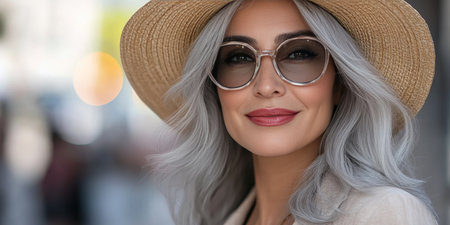 Stylish Senior Woman With Hat Enjoys Summer Vacation Posing On Blurred Background, With Copy Space.の素材