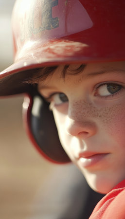 Young Baseball Player Focused and Ready for the Next Play, Close Up Portrait with Copy Spaceの素材