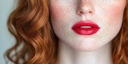 Portrait of a Beautiful Woman with Freckles, Red Hair and Red Lips on Blurred Backgroundの素材