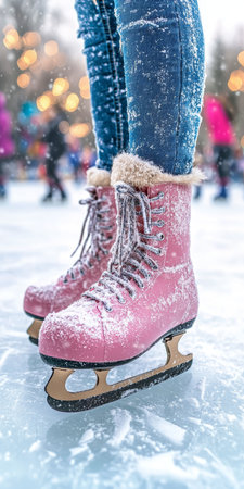 Woman In Pink Ice Skates On An Ice Rink, Defocused Winter Background. Enjoying Winter Activities.の素材