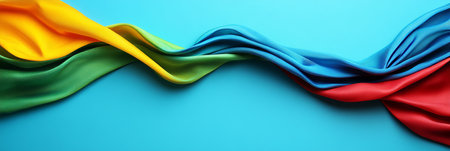 Waving Rainbow Colored Fabric Against Solid Blue Background Symbolizing LGBTQ Pride and Diversityの素材