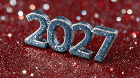 Silver Glitter 2027 Number Against a Sparkling Red Holiday Background, New Year Celebration Conceptの素材
