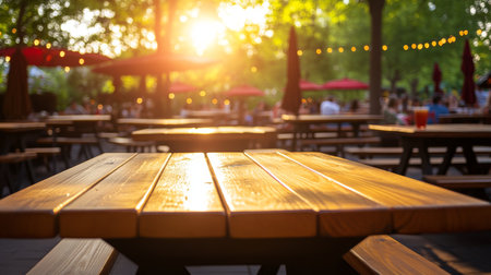 Golden Hour Glow Empty Picnic Table in Outdoor Restaurant Setting With Festive Lightingの素材
