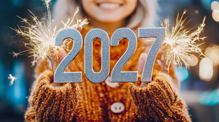 Young Woman Holding Sparkling 2027 Numbers, Celebrating New Year s Eve Festivities with Joyの素材