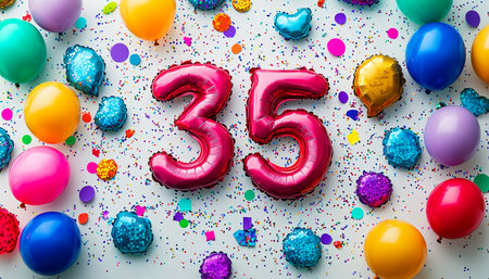 Festive celebration background with number 35 balloons, confetti, and colorful party decorの素材