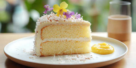 Slice of Coconut Layer Cake with Passion Fruit Curd and Edible Flower Garnish on White Plateの素材