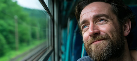 Contemplative Man Gazing Out Train Window at Lush Green Scenery, Travel and Adventure Conceptの素材