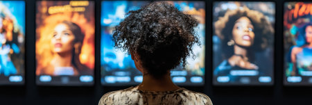 Woman Captivated by Colorful Movie Posters on Display, Immersed in the World of Cinema Glamourの素材