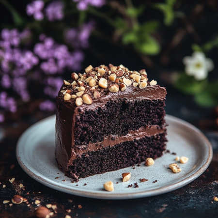 Slice of Rich Chocolate Hazelnut Cake with Dark Chocolate Frosting and Crushed Hazelnuts on Plateの素材