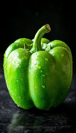 Glistening Green Bell Pepper on Dark Background Vibrant Food Photography for Culinary Creationsの素材