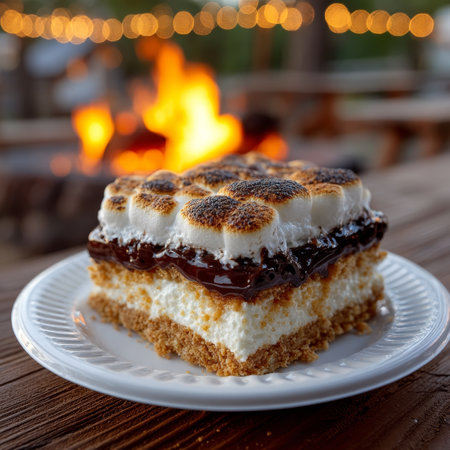 Gooey Smores Cake Slice, Toasted Marshmallows, Graham Crust Delicious Camping Dessertの素材