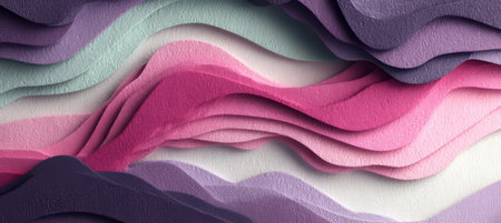 3D Render of Abstract Pink and Mint Waves, Paper Carved Background with Layered Designの素材