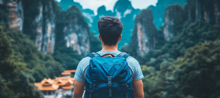 Man Exploring Nature with a Backpack, Enjoying the Scenic Views of Majestic Mountainsの素材