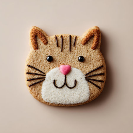 Adorable Cat Face Sugar Cookie with Pink Nose and Whiskers, Isolated on White Backgroundの素材