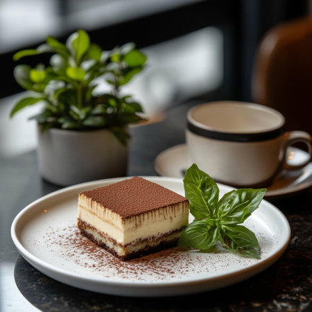 Traditional Italian Dessert Tiramisu Slice with Cocoa Powder Dusting, Coffee, and Basil Garnishの素材
