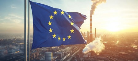 European Union Flag Waving Over Industrial Landscape With Smoke Stacks, Environmental Policy Conceptの素材