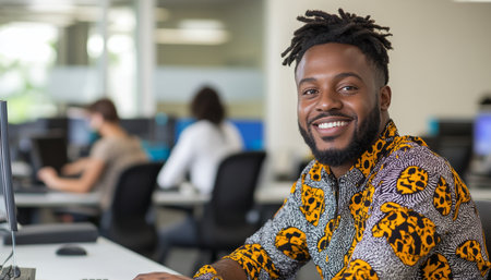 Smiling Young Professional in Colorful Shirt Working on Computer in a Modern Office Environmentの素材