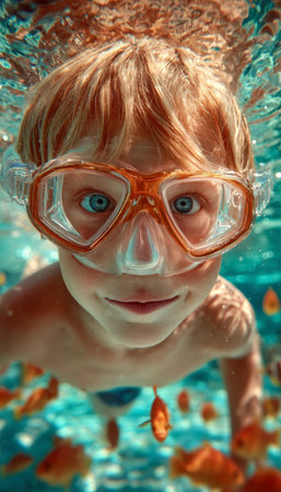Child Discovering Underwater World, exploring Coral Reef with colorful Tropical Fishの素材