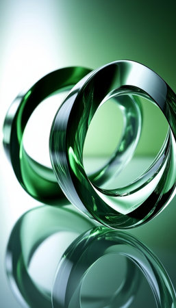 Abstract, Intertwined Green Glass Rings on Reflective Surface, Dynamic Composition, Modern Art.の素材