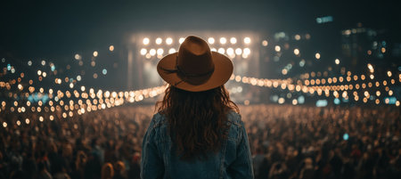 Woman in Hat at Night Concert with Blurry Stage and Crowd, Music Festival Atmosphere, Copy Spaceの素材