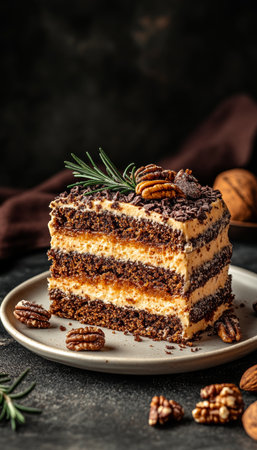 Slice of Layered Carrot Cake with Cream Cheese Frosting, Pecans, and Rosemary on White Plateの素材