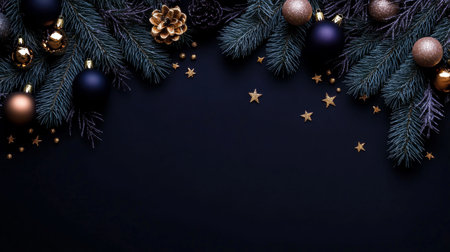 Christmas Banner, Christmas Tree Branches with Gold Stars, Amethyst Balls on Blackcurrant Backgroundの素材