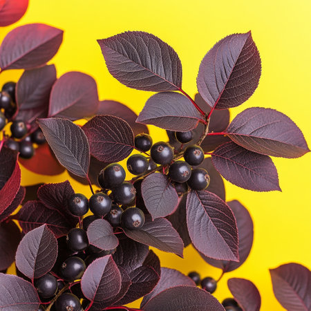 Dark Purple Serviceberry With Small Clusters Of Black Berries, Isolated On Vibrant Yellow Backgroundの素材